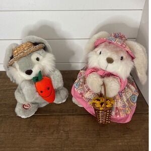 Vintage 80's 2 Animated Talking Easter Bunnies Plush From T.L. Toys